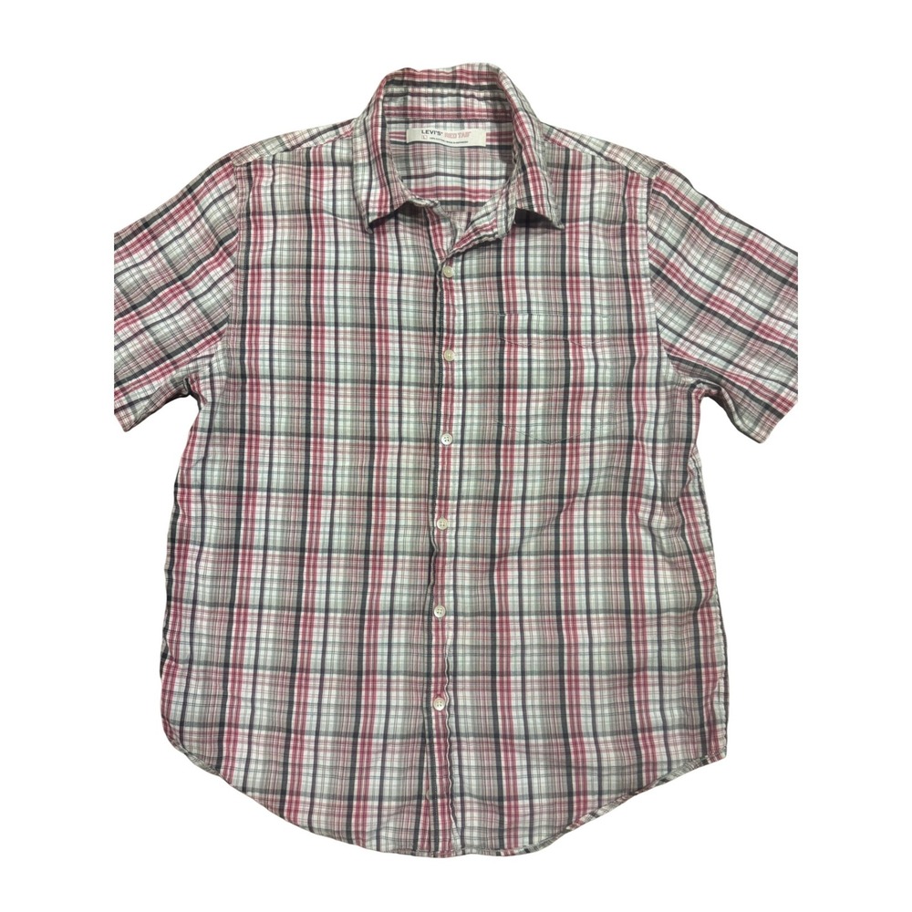 Levis Red Tab Mens Large Short Sleeve Plaid Button Down Shirt Red Black White